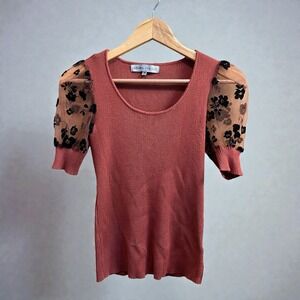 VTG Absolutely Famous Y2K Ribbed Top Sheer Floral Puff Sleeves Size M Fitted